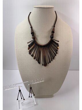 Copper Fringe Necklace Earrings Set Leather Cord Boho Statement Modernist